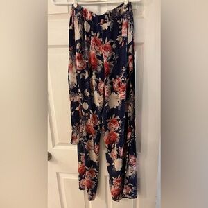 2/$20 - Gorgeous Blue & Pink Lock & Key Floral Wide Palazzo Style Flowy Pants